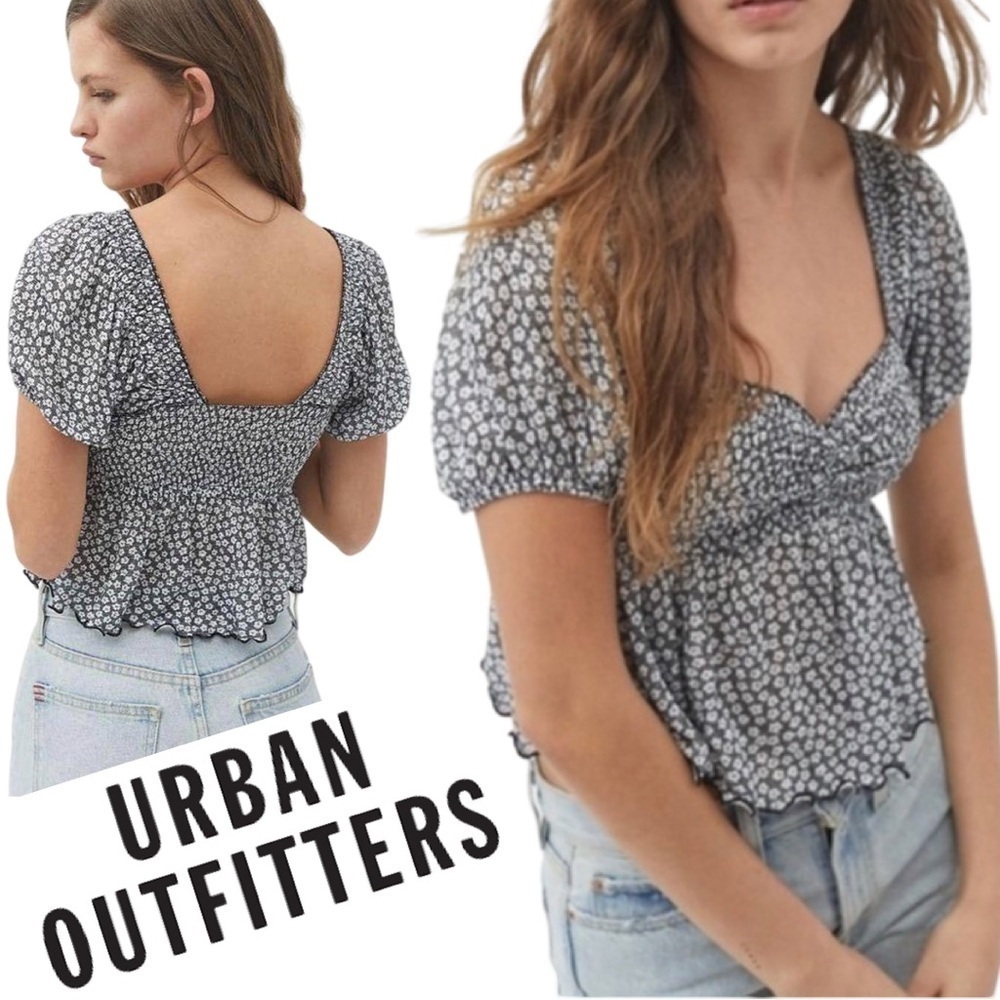 UO Urban Outfitters Angelo Smocked Bodice Top Ditzy Floral Black & White Size S - Picture 4 of 17
